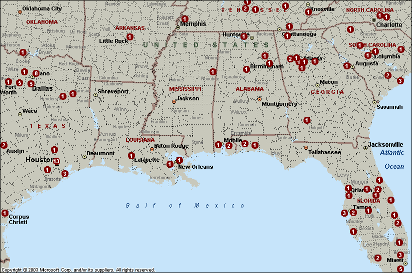 COZY Mailing List Member Distribution - Southeast Quadrant